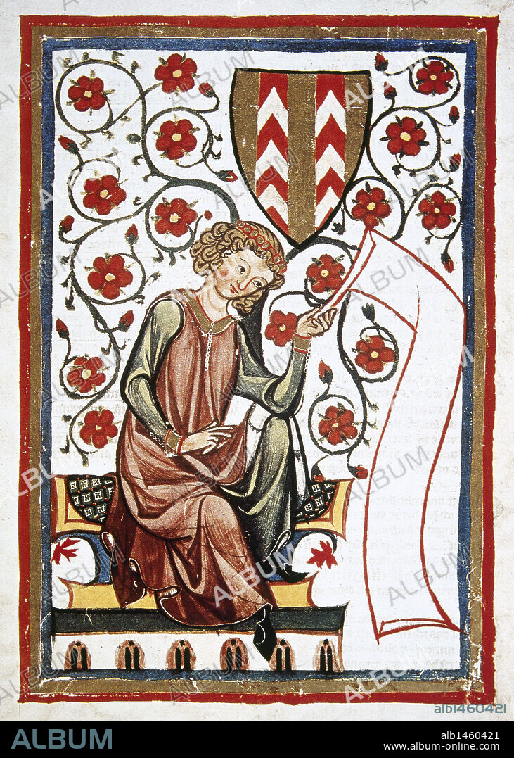 Count Rudolf von Fenis-Neuenburg, Swiss poet died in the 12th century, meditating with a roll of parchment. Codex Manesse (ca.1300) by Rudiger Manesse and his son Johannes. Miniature. Folio 20r. University of  Heidelberg. Library. Germany.