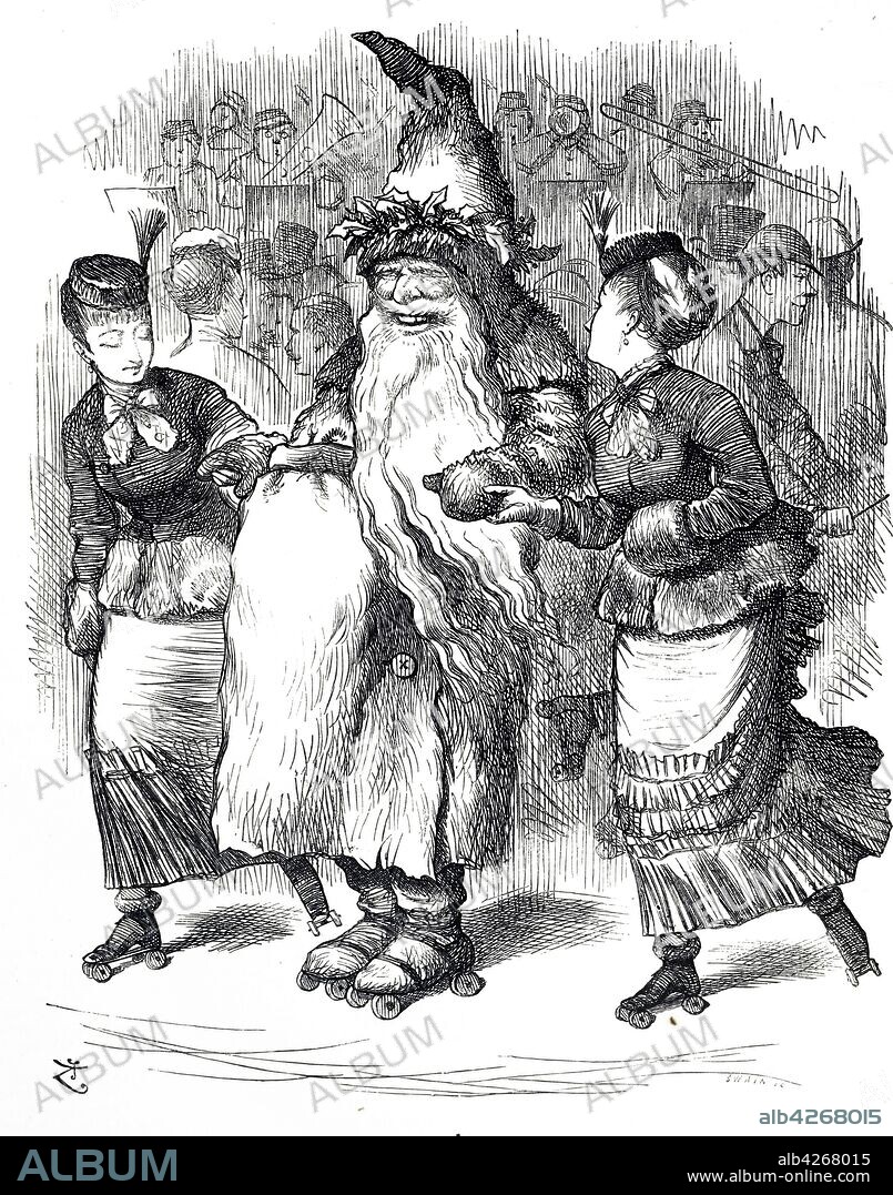Cartoon depicting Father Christmas roller-skating. Illustrated by John Tenniel (1820-1914) an English illustrator, graphic humourist, and political cartoonist. Dated 19th century.