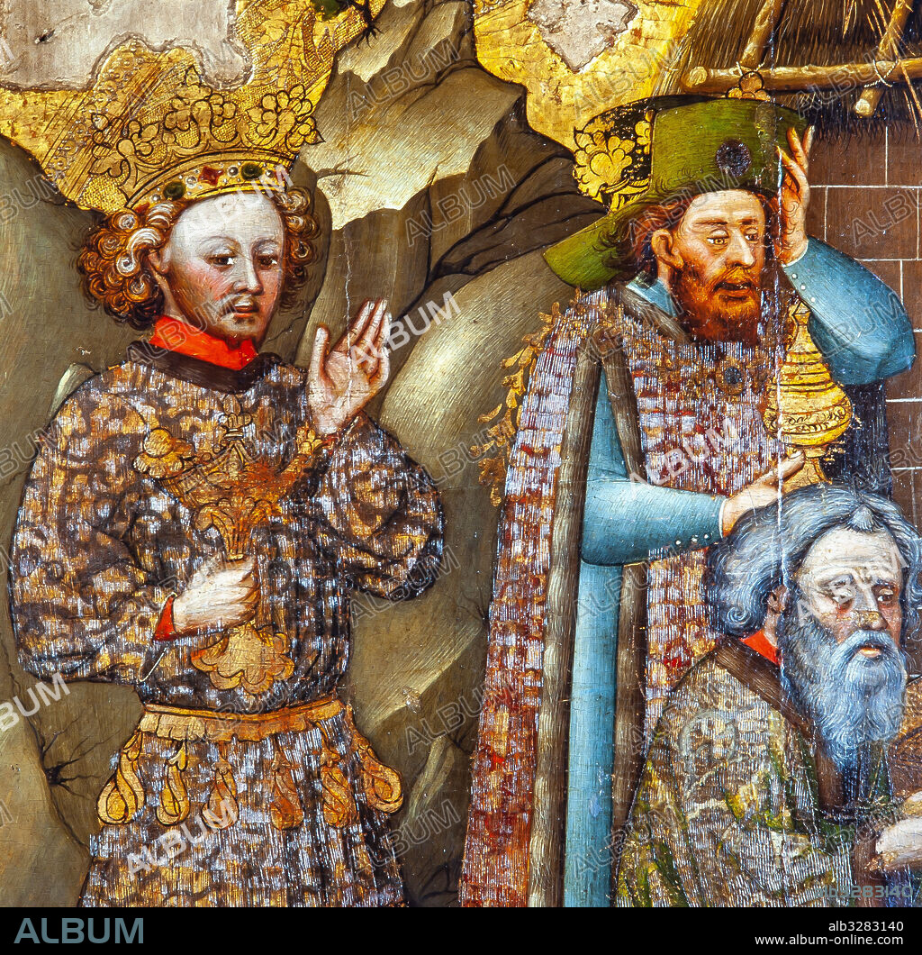 JAUME FERRER II. Tabla de la Epifanía, 1430-1434.  Detalle de los Reyes Magos. Escuela leridana. Pintura al temple sobre tabla. Museu Diocesà de Lleida.