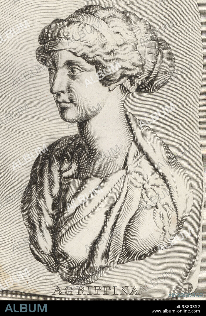Julia Agrippina, or Agrippina the Younger, born 15 AD in Cologne, died 59 AD near Baiae. Roman empress, fourth wife and niece of Emperor Claudius, mother of Nero. Agrippina. Copperplate engraving by Johannes Franck after an illustration by Joachim von Sandrart from his LAcademia Todesca, della Architectura, Scultura & Pittura, oder Teutsche Academie, der Edlen Bau- Bild- und Mahlerey-Kunste, German Academy of Architecture, Sculpture and Painting, Jacob von Sandrart, Nuremberg, 1675.