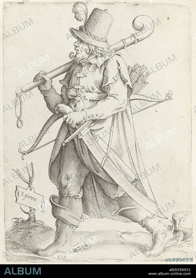 Epirota (title on object), Man from the Pyrenees, Diversarum gentium nostrae aetatis habitus (series title), Man from the Pyrenees, with bow, sword and club, walking to the left. Print from album 'Diversarum gentium nostrae aetatis habitus'., print maker: Enea Vico, Venice, in or before 1558, paper, engraving, height 150 mm × width 92 mm.