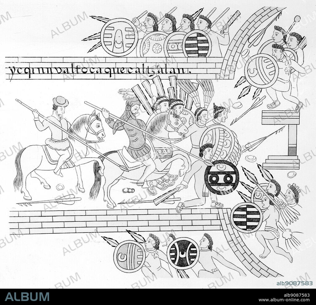 The Spaniards break into the city. Lienzo de Tlaxcala. Mexican illustrated document compiled between 1550 and 1564by Tlaxcalan artists, representing the conquest fromthe tlaxcalan point of view. Copy reproduced in 'Antiguedades Mexicanas' published by the Junta Columbina de Mexico 1892.