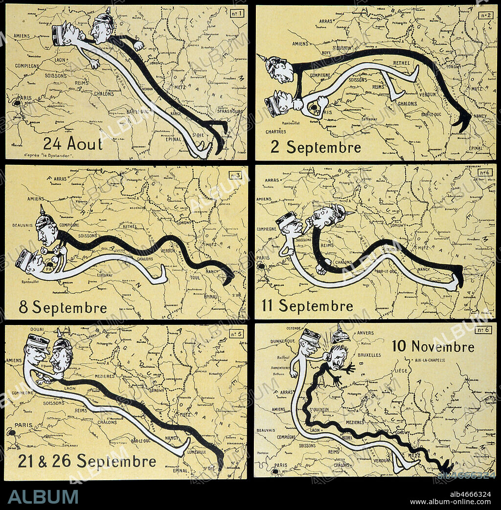 Bataille de la MARNE : Serie de 6 cartes postales montrant le deplacement de la ligne de front et la presence des armees francaises et allemandes personnalisees, en date des 24 aout, 2, 8, 11, 21 et 26 septembre, et 10 novembre 1914. Le General JOFFRE contre le general allemand Moltke. En reponse a une caricature parue dans le Bystander en 1914. Credit : Collection IM/KHARBINE-TAPABOR.