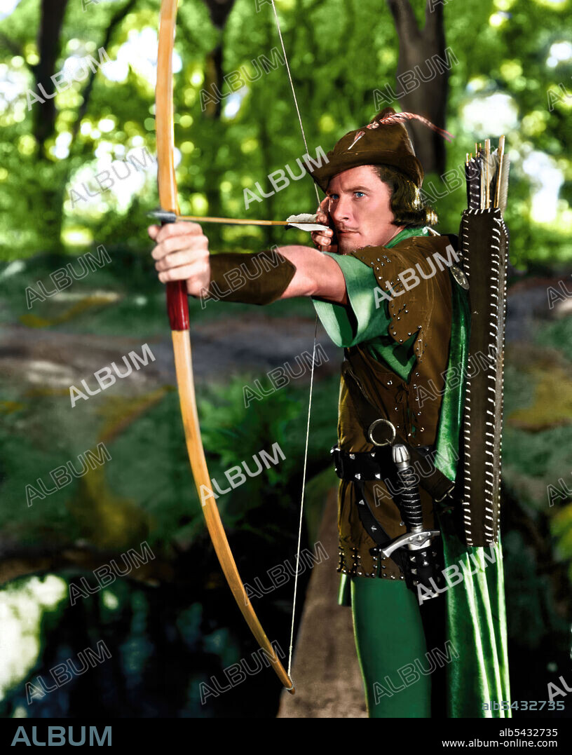 ERROL FLYNN en ROBIN DE LOS BOSQUES, 1938 (THE ADVENTURES OF ROBIN HOOD), dirigida por MICHAEL CURTIZ y WILLIAM KEIGHLEY. Copyright WARNER BROTHERS.