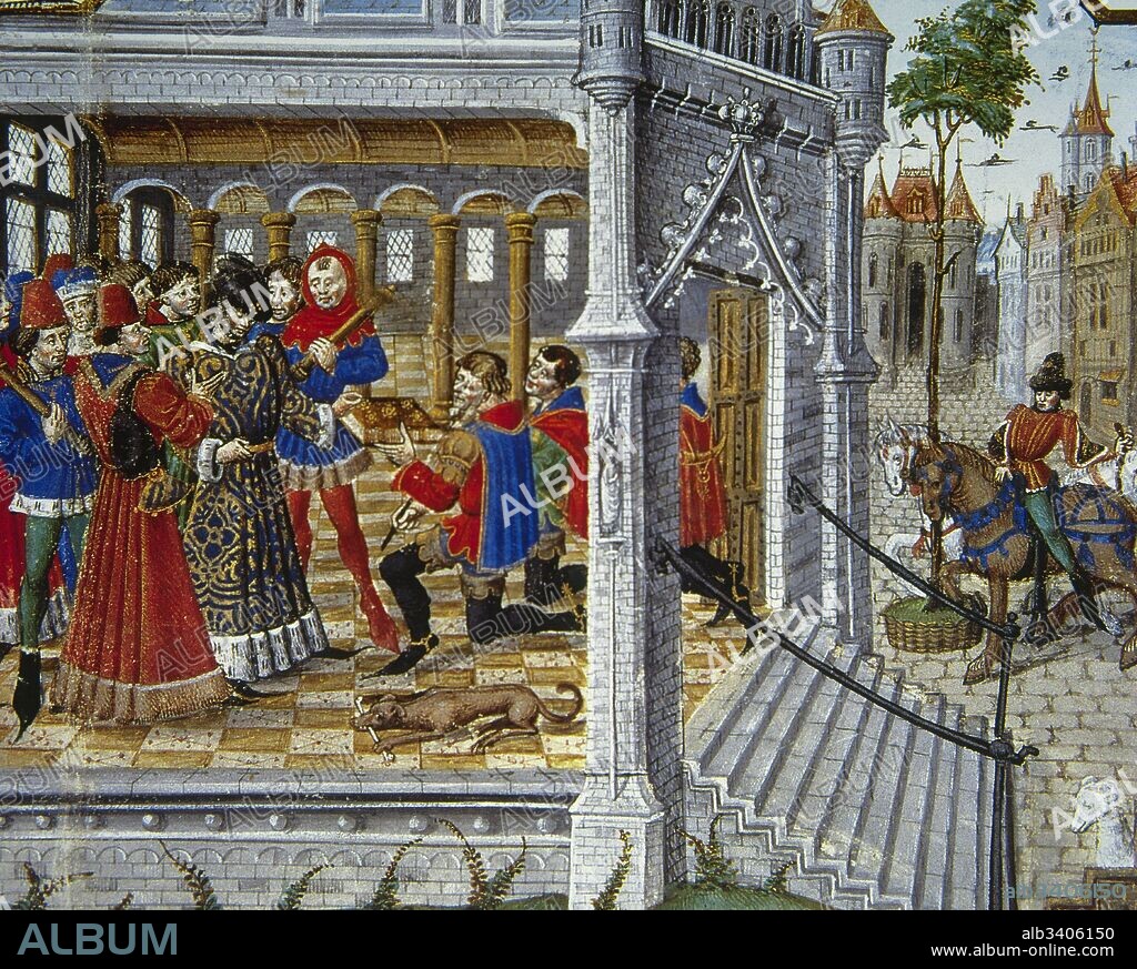 Arbre des Batailles (c. 1382-87)  Benedictine prior by Honore_ Bonet (1340-1410). Miniature, 15th century. Three gentlemen presenting the manuscript to Louis of Luxembourg. Conde Museum. Chantilly. France.