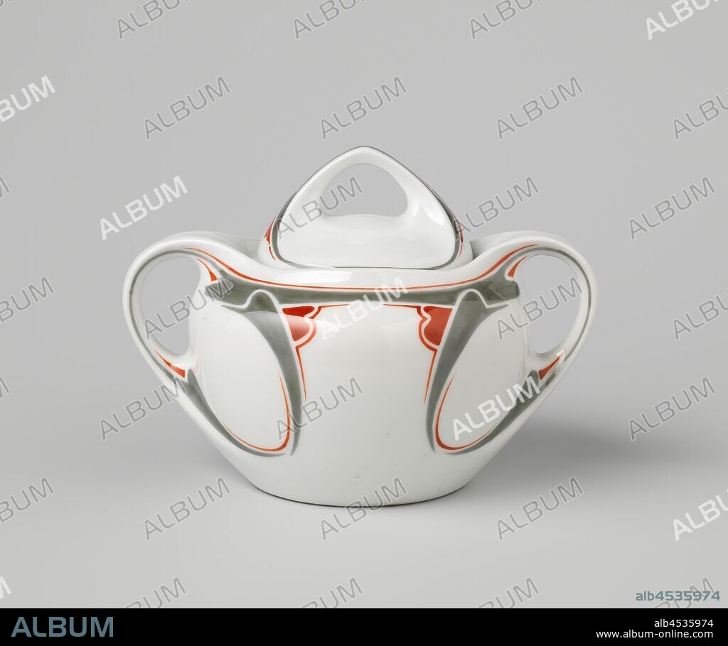 Sugar bowl with stylized floral motifs, Porcelain sugar bowl with two ears, painted on the glaze in green and red. On the outside wall, continuous on the ears, stylized flower branches. The lid with the same decoration. Designed by Maurice Dufrêne, made for La Maison Moderne, possibly by Le Parthénon, Paris., Parthénon (possibly), Paris, c. 1900 - c. 1905, porcelain (material), glaze, vitrification, h 12.8 cm.