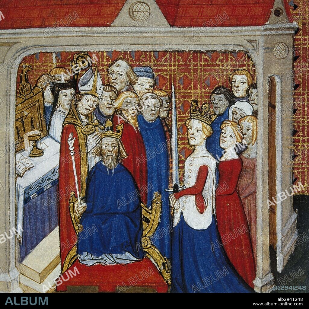 LUIS II "el Tartamudo" (846-Compiègne,879). Rey de Francia Occidental (877-879), sucesor de Carlos "el Calvo". Miniatura del siglo XIV con la representación de LA CORONACION DE LUIS II EL TARTAMUDO. Museo Condé. Castillo de Chantilly. Francia.