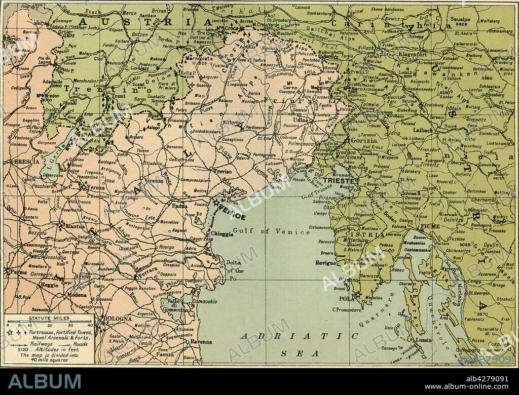 GEORGE PHILIP & SON LTD. 'Map of the Italian Fighting Front', 1919. Map showing north-eastern Italy, the Trentino and part of southern Austria during the First World War, 1914-1919. Fortresses, fortified towns, naval arsenals and forts, railways and roads are indicated. From "The History of the Great European War: its causes and effects", Vol. VI, by W. Stanley Macbean Knight. [Caxton Pulishing Company, Limited, London, 1919].