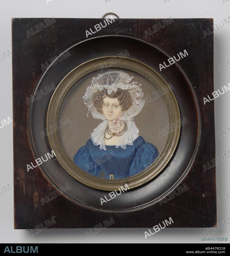 Portrait of a Woman, Portrait of a Woman. Bust, facing. On the head a large bonnet of mesh or tulle. Part of the collection of portrait miniatures, historical persons not known by name - BB - woman, Jan Lodewijk Jonxis, 1799 - 1867, ivory, watercolor (paint), metal, wood (plant material), glass, h 13.4 cm × w 12.6 cm × d 1.2 cm.
