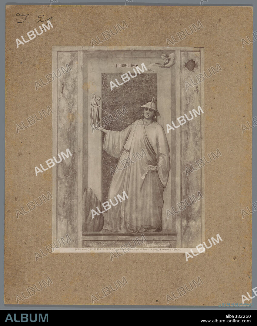 Photoreproduction of a fresco by Giotto, depicting the Infidelity, PADOVA - Cappella degli Scrovegni all'Arena. I Vizi. L'Infedeltà. (title on object), Alinari (mentioned on object), Giotto de Bondone (mentioned on object), Scrovegnikapel, c. 1875 - c. 1900, cardboard, albumen print, height 258 mm × width 190 mm.