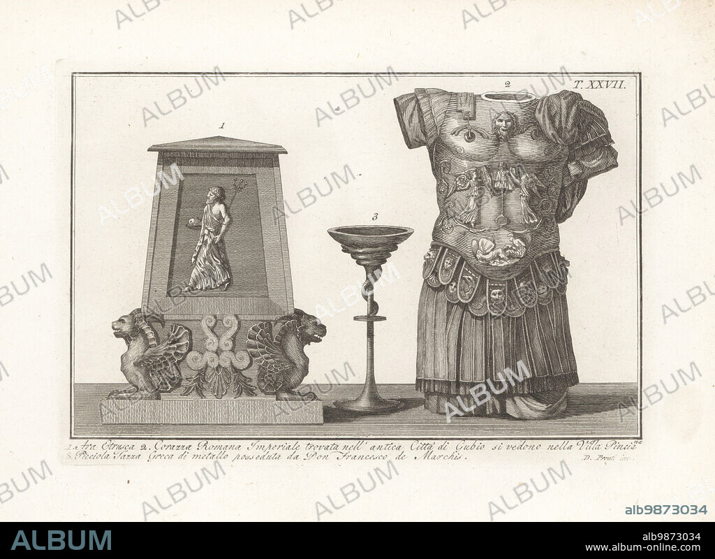 Etruscan altar with figure of Neptune and chimera 1, Imperial Roman breastplate or cuirass found in the ancient Citta di Gubbio, now in the Villa Pinciana 2, and small Greek metal cup owned by Don Francesco de Marchis 3. Copperplate engraving by Domenico Pronti from his own New Collection Representing Religious, Civil and Military Costumes of the Ancient Egyptians, Etruscans, Greeks and Romans, Nuova Raccolta Rappresentante I Costumi Religiosi Civili e Militari, Rome, 1805.