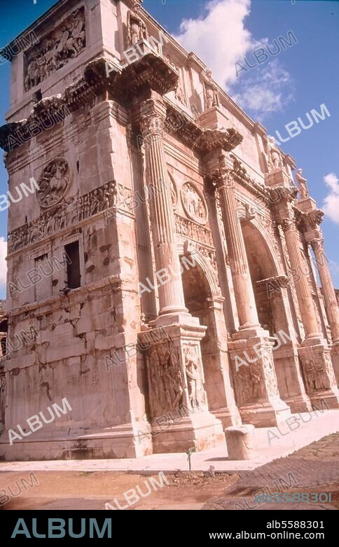 Rom, Konstantinsbogen. (315 n. Chr. geweiht nach dem Sieg Konstantins über Maxentius an der Milvischen Brücke). Ansicht der Süd- und Westseite. Foto, undat.