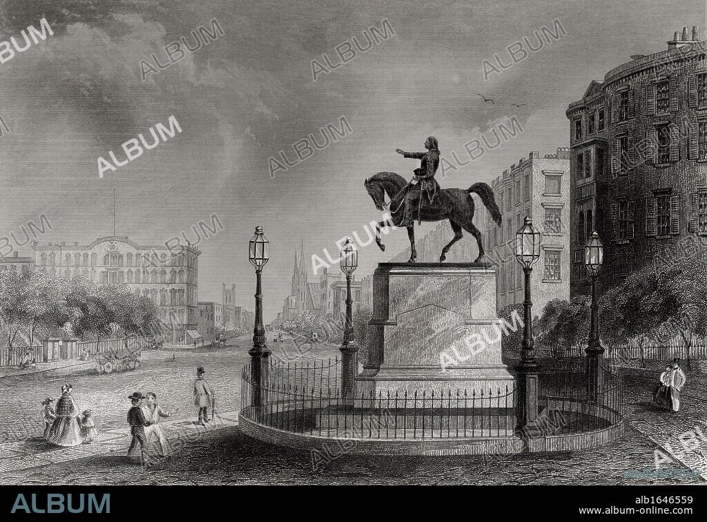 Statue of Washington Union Square New York USA George Washington 1732-1799 First President of the United States From a 19th century print engraved by J Rogers after Beaulieu.
