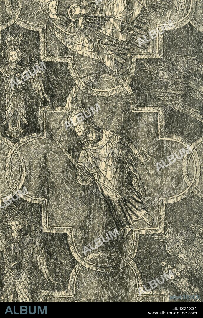 J. I. WILLIAMSON. Detail of the Syon Cope, 1310-1320. (1881). Etching of embroidered figures on an ecclesiastical cape made in England in the early 14th century. This cope, a cape-like vestment, was originally part of a chasuble, worn by priests to celebrate Mass. The Syon Cope takes its name from the Bridgettine convent of Syon in Middlesex. Interlaced quatrefoil shaped compartments with religious scenes are worked in silver-gilt and silver thread. The cope is an important example of opus anglicanum, the Latin term for the high quality English embroidery known to have been bought by princes and popes. From "The South Kensington Museum", a book of engraved illustrations, with descriptions, of the works of art in the collection of the Victoria & Albert Museum in London (formerly known as the South Kensington Museum). [Sampson Low, Marston, Searle and Rivington, London, 1881].