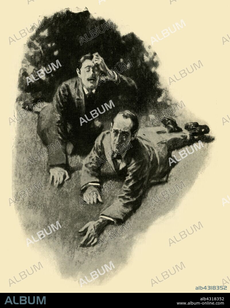 GILBERT JOSEPH HOLIDAY. We Lurched Through The Door, and An Instant Afterwards Had Thrown Ourselves Down Upon the Glass Plot, 1910. Scene from "The Adventure of the Devil's Foot", a detective story featuring Sherlock Holmes, by Arthur Conan Doyle. Published in "The Strand Magazine, an illustrated monthly", Volume XL - July to December 1910. [George Newnes Ltd, London, 1910].