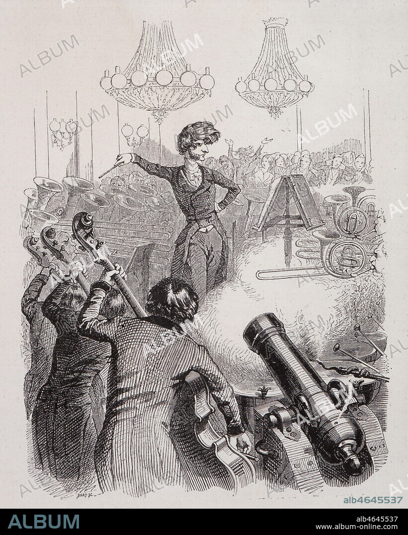 Caricature de Grandville sur la musique de Berlioz (1803-1847): 'Un concert a mitraille et Berlioz: heureusement la salle est solide...elle resiste!'. Credit: Collection Kharbine-Tapabor.