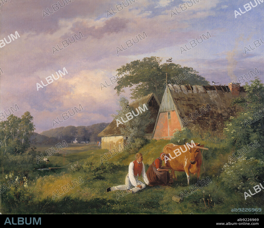 JOHAN THOMAS LUNDBYE. Milking scene. Illustrating a poem by Christian Winther, 1841.