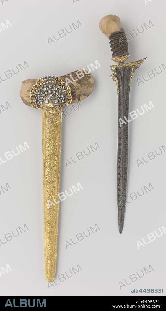 Kris or King William I, Kris with sheath given to King Willem I by the Sultan of Madura, Kris with straight blade adorned with the pamor technique. The top of the blade has golden decorations of plant motifs. Madurees hilt with a grip (selut) of golden gear. The wooden sheath has a golden sheath decorated with fine motifs of plant motifs and birds. The golden sheath has an ornament in the shape of a demon head, Boma, surrounded by plant motifs, above which a crown. This head was originally set with 117 diamonds. Two diamonds of the rosette on the forehead are missing. The skull mouth (wranga) is made of stainwood (kayu pelet)., Dutch East Indies, The, Willem I Frederik (King of the Netherlands), Sultan of Madura, anonymous, Madura, 1835, iron (metal), nickel (metal), wood (plant material), gold (metal), silver (metal), diamond (mineral), grinding, l 52.0 cm w 12.0 cm × d 4.3 cm l 50.3 cm × w 7.5 cm d 4.5 cm l 49 cm.