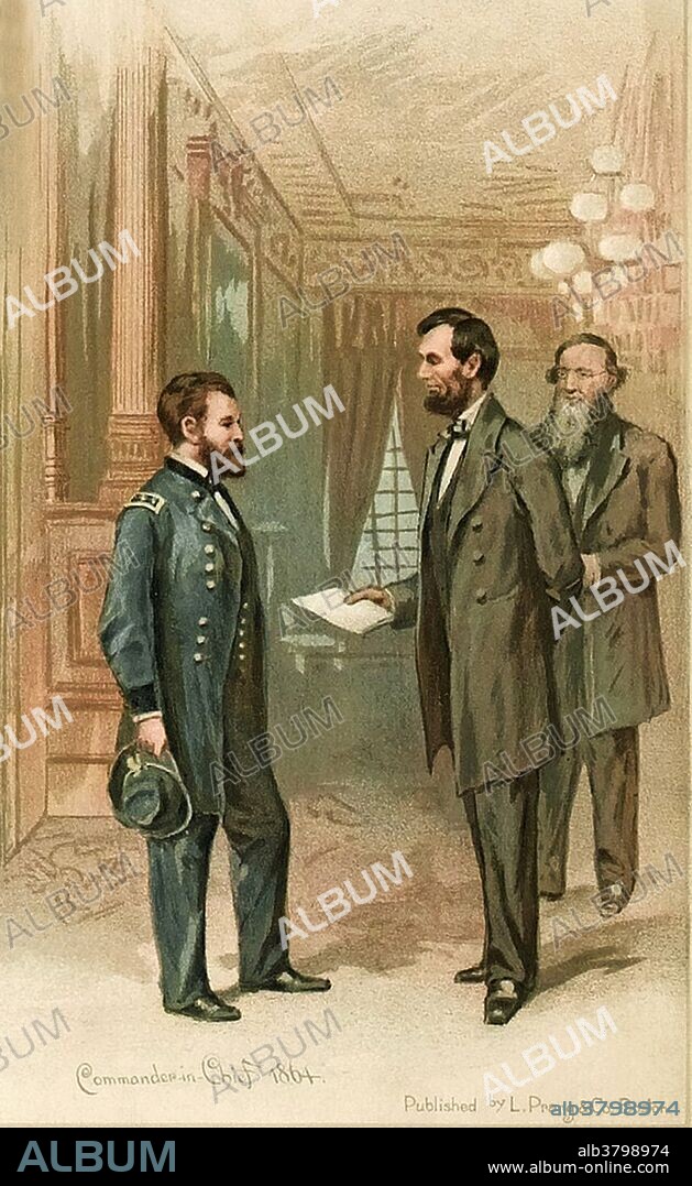 Ulysses S. Grant's appointment as Commander-in-Chief by Abraham Lincoln in 1864. Painted by Thure de Thulstrup (1848 -1930). Ulysses S. Grant (1822-1885) was the 18th President of the United States and the leading Union general during the American Civil War (1861-1865). A career soldier, he graduated from the United States Military Academy at West Point and served in the Mexican-American War. Under Grant, the Union Army defeated the Confederate military and effectively ended the Civil War with the surrender of Robert E. Lee's army at Appomattox. Grant served two consecutive terms as President after the war and during the turbulent Reconstruction period that followed.