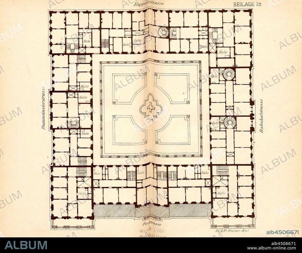 Centralhof, Floor plan of the Centralhof at the station, Fraumünster and Poststrasse in Zurich, to p. 108, Schweizerischer Ingenieur und Architekten-Verein: Zürich's Gebäude und Sehenswürdigkeiten. Beschreibung der Stadt (...). Zürich: bei Orell Füssli & Co., 1877.