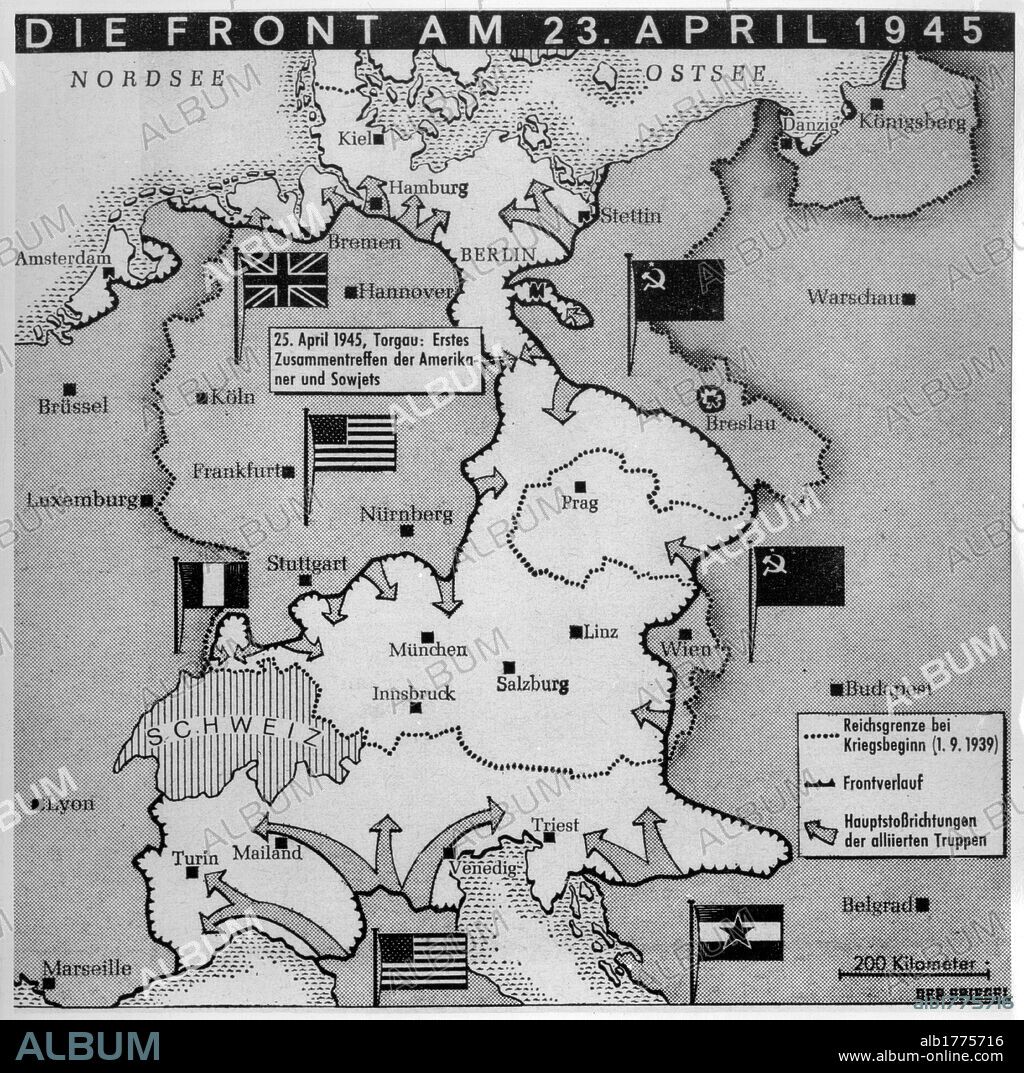 Military map of Europe at war. Map showing the locations of the Allied troops and the military situation in Europe as of 23rd April 1945. 1940s.