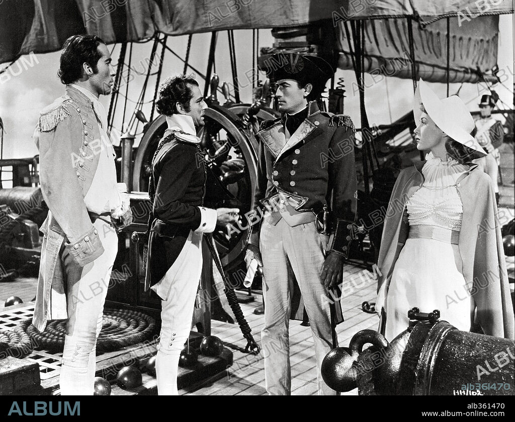 CHRISTOPHER LEE, GREGORY PECK et VIRGINIA MAYO dans CAPTAIN HORATIO HORNBLOWER R. N., 1951, réalisé par RAOUL WALSH. Copyright WARNER BROTHERS.