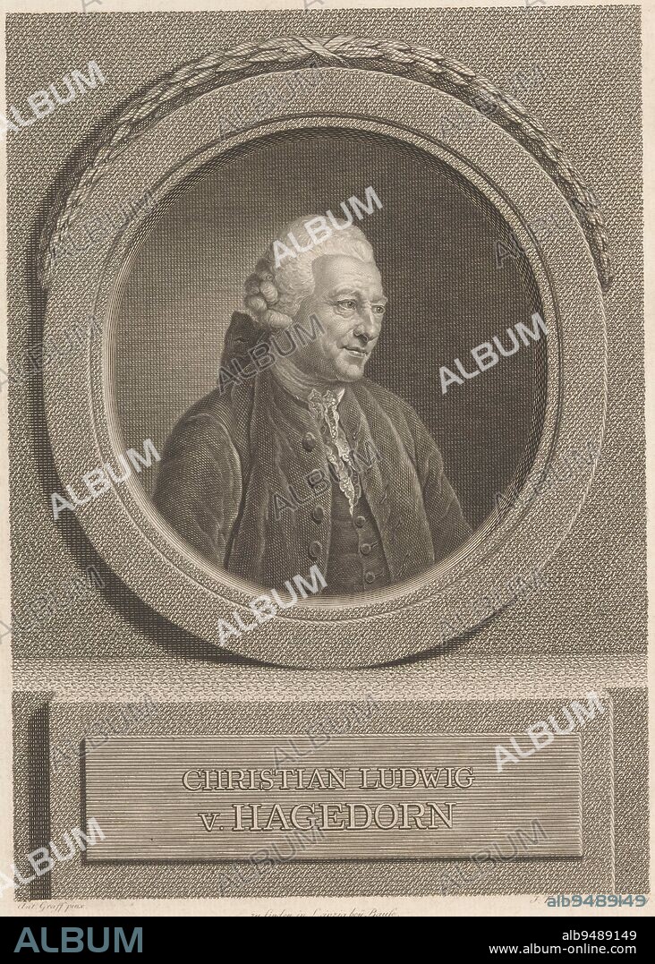 Portrait of Christian Ludwig von Hagedorn, Johann Friedrich Bause, after Anton Graff, 1774, print maker: Johann Friedrich Bause, (mentioned on object), after: Anton Graff, (mentioned on object), Leipzig, 1774, paper, engraving, etching, h 268 mm × w 198 mm.