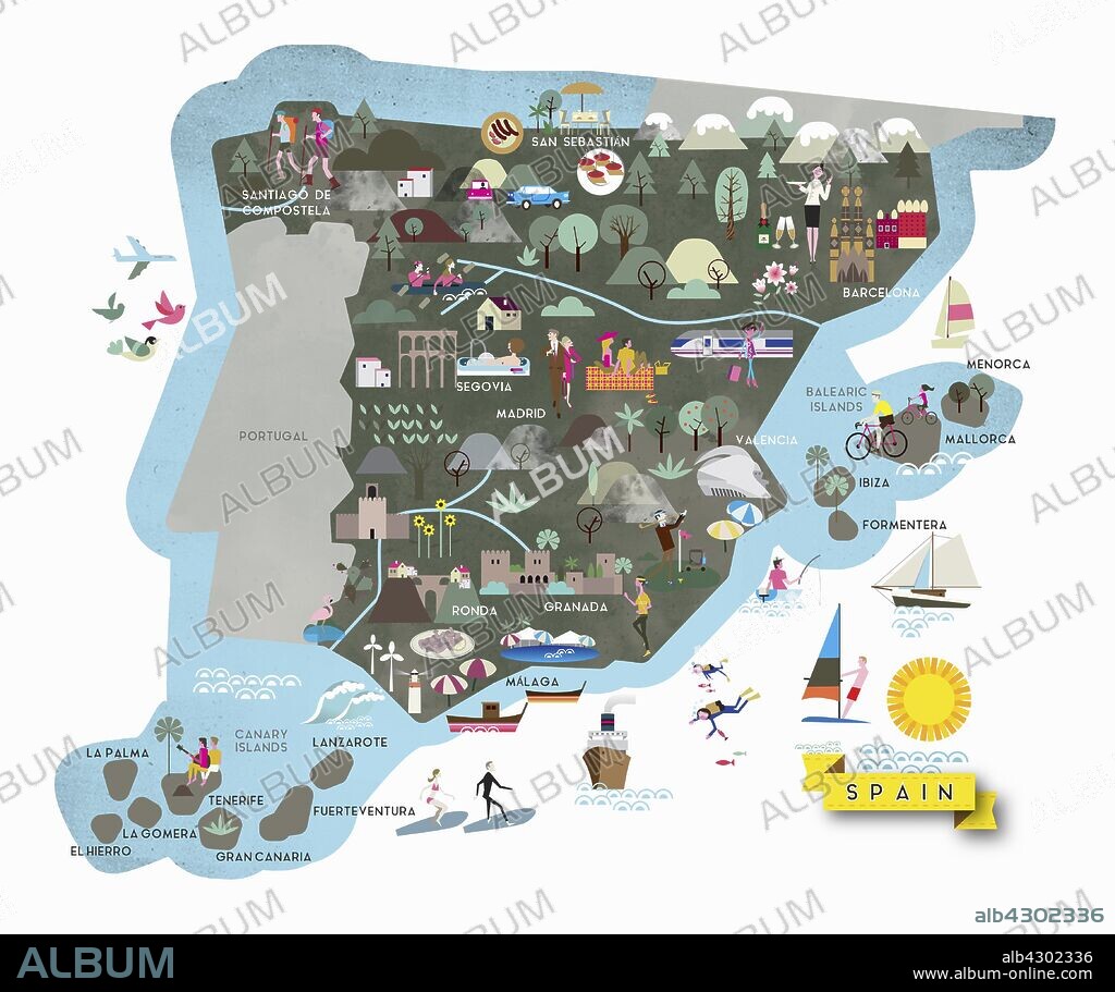 Illustrated tourism map of leisure activities in Spain.