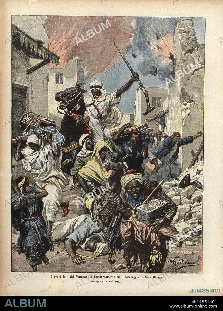 Portada del semanario La Doménica del Corriere, editado en Milán (Italia). Guerra de Marruecos, bombardeo y saqueo de Casablanca. Octubre 1907.