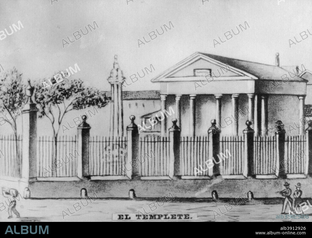 El Templete, Plaza de Armes, Havana, Cuba, c1910. The small neoclassical Doric chapel on the east side of Plaza de Armas was built in 1828 at the point where Havana's first Mass was held beneath a ceiba tree in November 1519. Inside the chapel are three large paintings of the event by the French painter Jean Baptiste Vermay (1786-1833). Cigar card from the History of Cuba,  Geografico Universal, Propaganda de los Cigarros Susini y La Corona , Tabacalera Cubana.