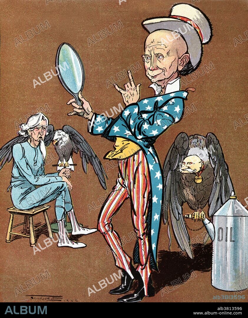 Entitled: "Rockefeller, dressed up as Uncle Sam, admiring himself in a mirror." John Davison Rockefeller (July 8, 1839 - May 23, 1937) was an American industrialist and philanthropist. He founded Standard Oil in 1870 with his brother William, along with Henry Flagler, Jabez Bostwick, chemist Samuel Andrews, and a silent partner, Stephen Harkness. As kerosene and gasoline grew in importance, Rockefeller's wealth soared, and he became the world's richest man and the first American worth more than a billion dollars. Adjusting for inflation, he is often regarded as the richest person in history. He spent the last 40 years of his life in retirement. His fortune was mainly used to create the modern systematic approach of targeted philanthropy. He was able to do this through the creation of foundations that had a major effect on medicine, education, and scientific research. His foundations pioneered the development of medical research, and were instrumental in the eradication of hookworm and yellow fever. He is also the founder of both the University of Chicago and Rockefeller University. He died of arteriosclerosis in 1937, two months shy of his 98th birthday. Illustrated by Frank Arthur Nankivell for Puck and published by Keppler & Schwarzmann, March 14, 1906.