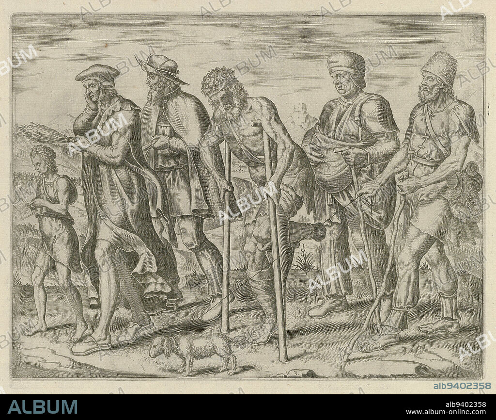 A child learns from a book while a teacher with a rod looks on sternly. They are followed by a beggar, an invalid, a water-sucker and a blind man with a guide dog. Life is short and dominated by study and illness. The print is part of a series on the Misery of Human Existence, Study and Illness accompany man on his life journey Misery of Human Existence (series title), print maker: Philips Galle, Philips Galle, publisher: Philips Galle, Haarlem, 1563, paper, engraving, h 188 mm × w 243 mm.