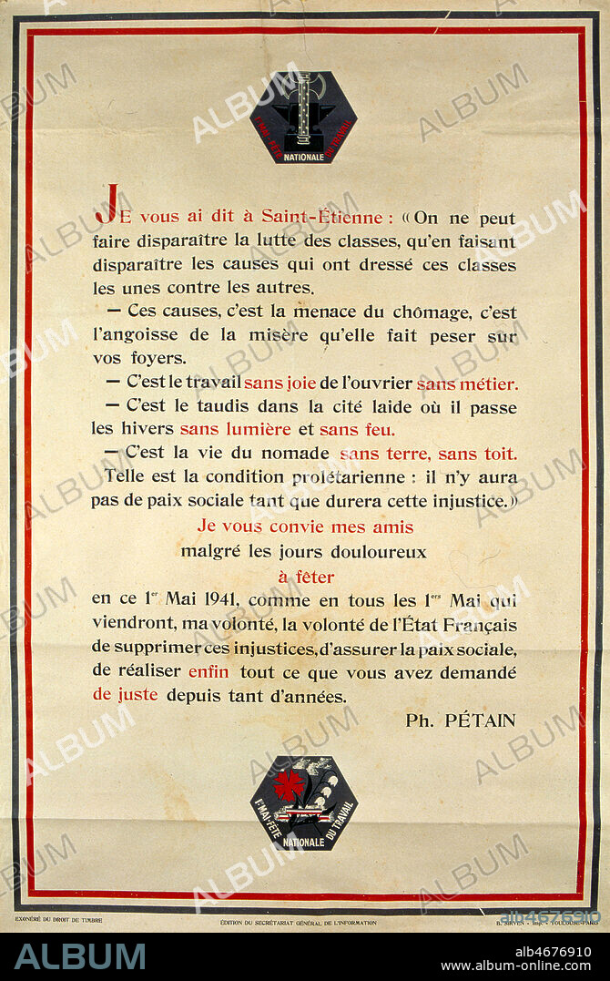 Declaration du Marechal PETAIN (1856-1951) le 1er mai 1941 instaurant la fete du travail'. Credit : Coll. Perrin/KHARBINE-TAPABOR.