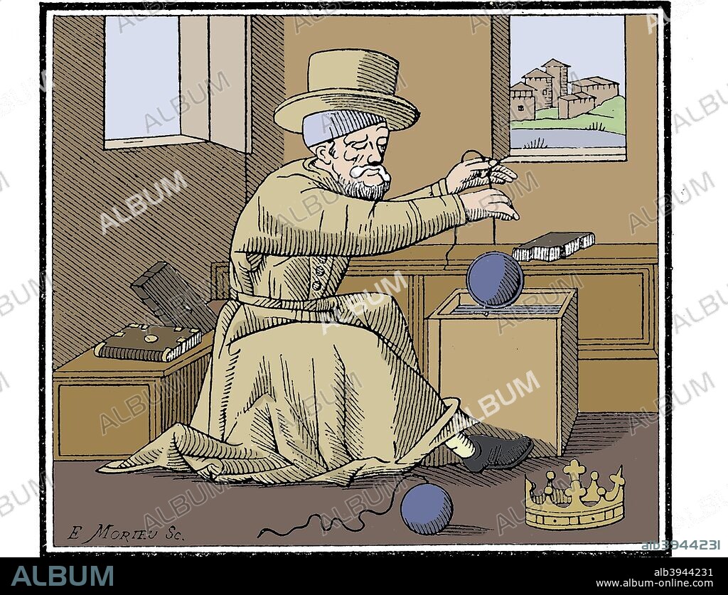 Archimedes (c287-212 BC), Ancient Greek mathematician and inventor. He is measuring the purity of gold in the crown of Hieron II of Syracuse. Born in Syracuse on the island of Sicily, Archimedes is one of the most celebrated scientists of the ancient world. He is probably most famous for his shout of 'Eureka' when he realised that the level of water in his bath rose when he got into it, as shown here. Archimedes' major contribution to mathematics was his discovery of formulae for the areas and volumes of spheres, cylinders, parabolas and other plane and solid figures. The methods he used anticipated the theories of integration that were developed 1800 years later. He also pioneered the science of hydrostatics, the study of the pressure and equilibrium of fluids. The Archimedean screw developed by him as a means of raising water is still used for irrigation purposes today.  (Colorised black and white print).
