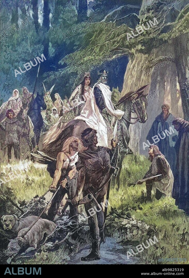 Otto I; traditionally known as Otto the Great; was German King and Holy Roman Emperor from 936; here he awards his son Ludolf; Historical; digitally restored reproduction of a 19th century original.