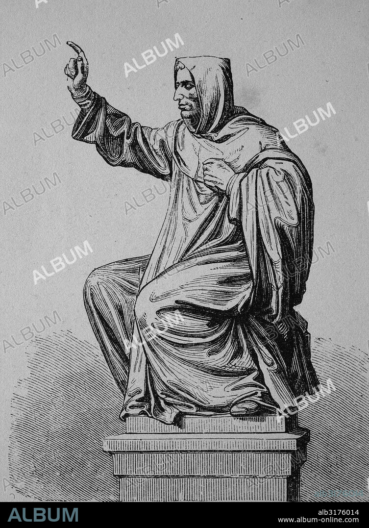 Statue of girolamo savonarola, part of the luther monument in worms, rhineland-palatinate, germany, woodcut from 1880.