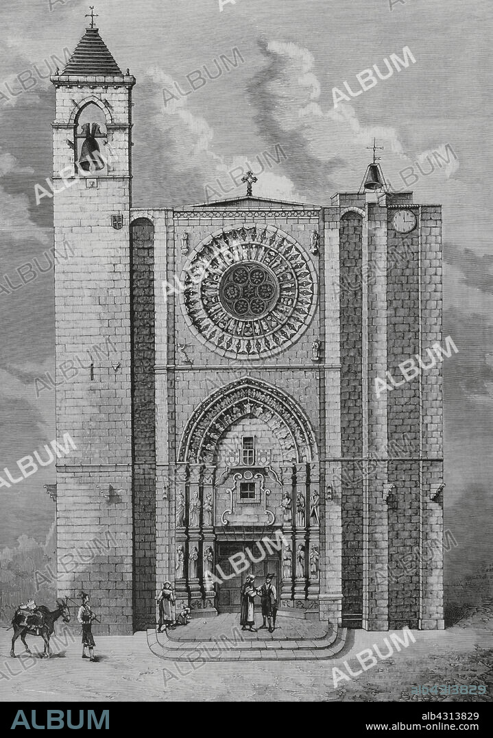Historia de España. Galicia. Noya (Noia). Exterior de la iglesia parroquial de San Martín (igrexa de San Martiño de Noia). Dibujo de A. Hebert. Grabado. La Ilustración Española y Americana, 30 de marzo de 1884.