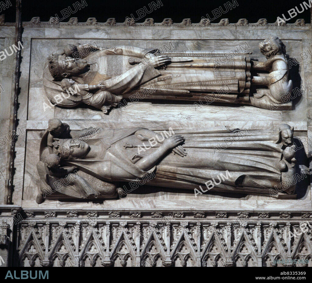 PEDRO IV. EL CEREMONIOSO. REY DE ARAGON . BALAGUER 1319 - 1387. ENTERRAMIENTO JUNTO A SU PRIMERA ESPOSA MARIA DE NAVARRA . MONASTERIO DE POBLET.. TAMBIEN FUE REY : I DE MALLORCA , II DE VALENCIA Y III DE CATALUÑA.