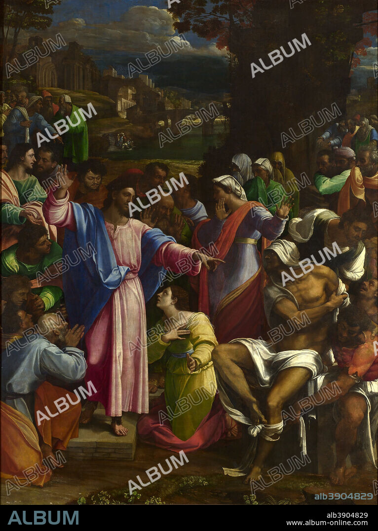 SEBASTIANO DEL PIOMBO. The Raising of Lazarus. Date/Period: 1517. Painting. Oil on canvas, transferred from wood. Height: 381 cm (12.5 ft); Width: 289.6 cm (114 in).