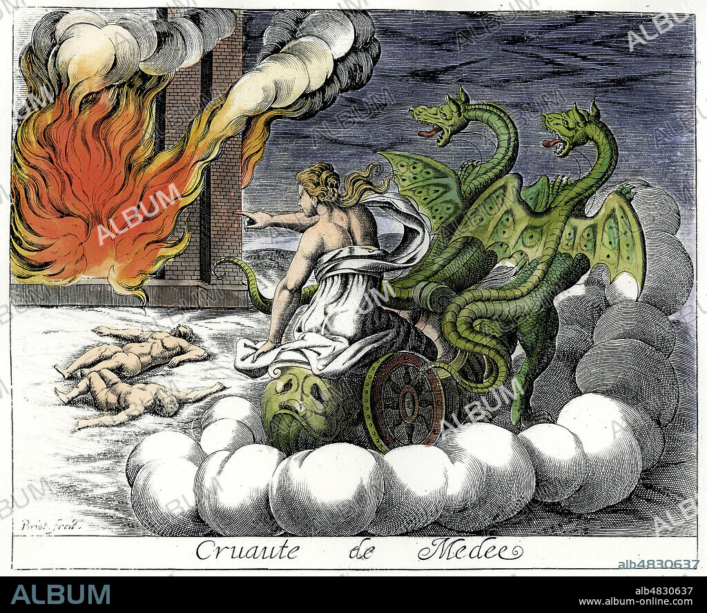 MYTHOLOGIE : Cruaute de MEDEE, ses deux enfants devant le palais de Creon, en flammes, apres a voir ete repudiee par Jason en faveur de Creuse, mla fille de Creon, a qui elle donne une tunique incendiaire. Gravure francaise du 17eme siecle mise en couleurs par nos soins. Credit KHARBINE TAPABOR.