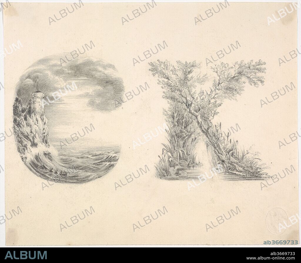 Alphabet Book Design (Letters C and K). Artist: Miss L. E. M. Jones (British, active 1800-1870). Dimensions: Sheet: 7 5/16 x 8 3/4 in. (18.5 x 22.2 cm). Date: ca. 1830.
In this drawing the letter "C" is formed by a tower that stands beside a raging sea and the letter "K" made out of trees that cross over a stream. These charming conceptions were made for an alphabet book published in 1831 with lithographed plates by Charles Joseph Hullmandel (57.606), a project for which the Museum has other drawings in an album (66.631.5).