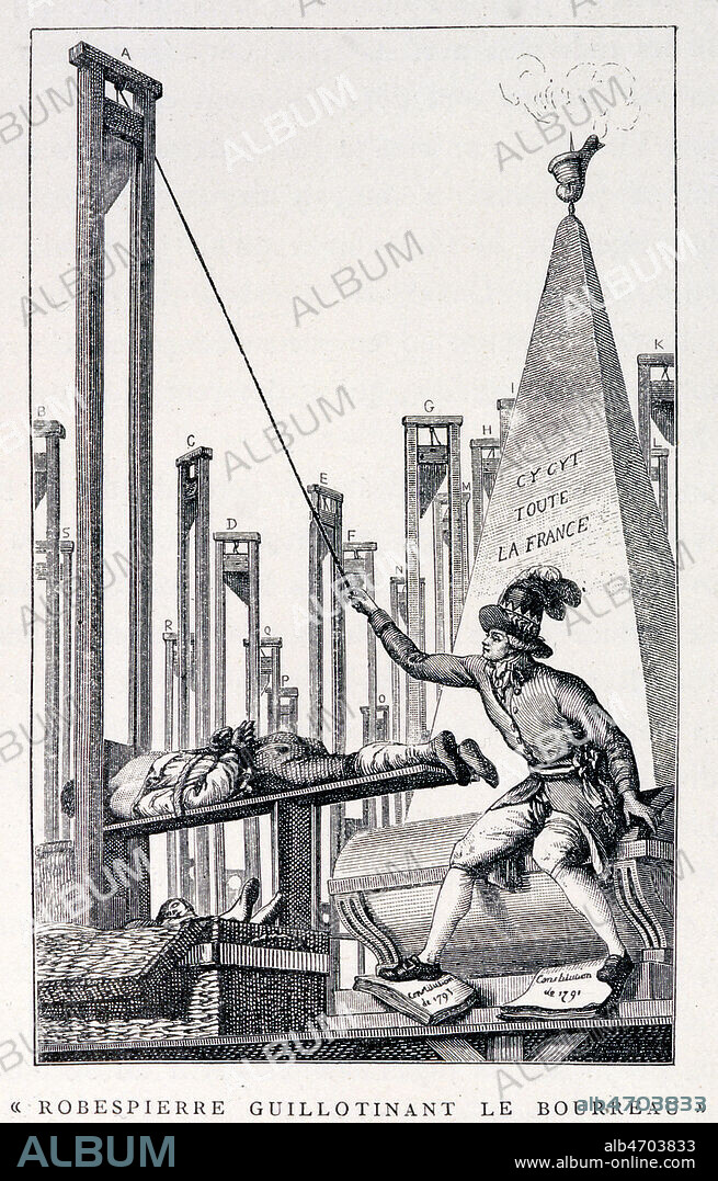 'Robespierre guillotinant le bourreau', apres avoir guillotine tous les francais. Caricature contre la Terreur du 18 EME SIECLE, in La revolution 1789-1882. CREDIT : Collection KHARBINE-TAPABOR.