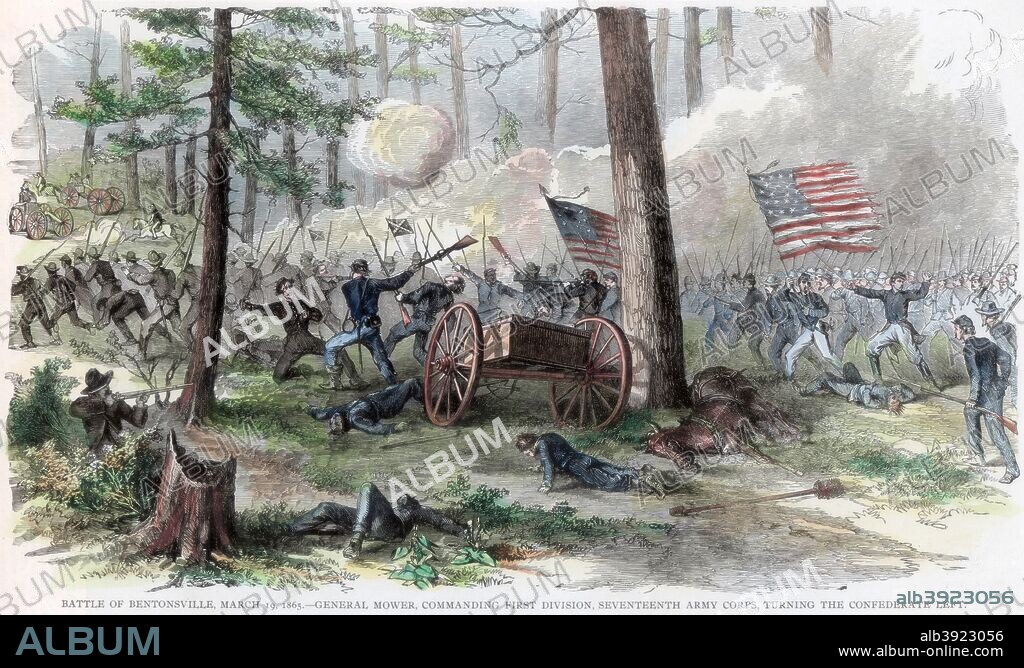 Battle of Bentonville, North Carolina, American Civil War 19 March 1865. Union General Joseph A Mower, commanding the First Division, 17th Army Corps, turning the Confederate left. The battle, which resulted in a Union victory, was the last major engagement between the armies of Generals William T Sherman and Joseph Johnston.