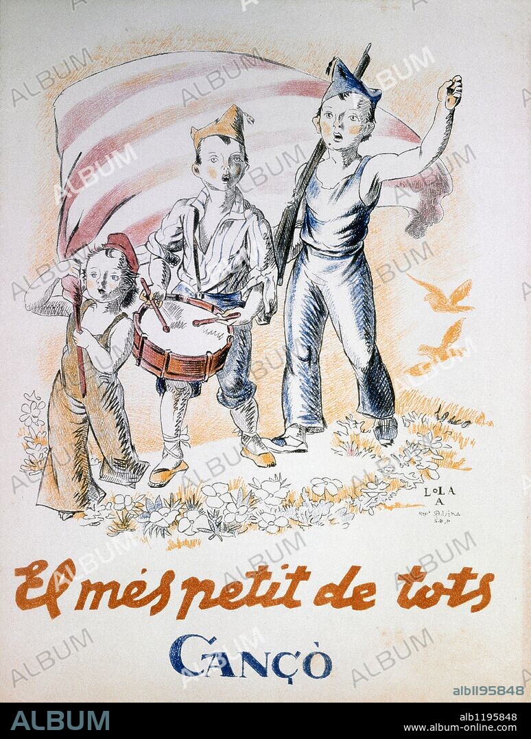Dibujo patriótico de Lola Anglada, para la partitura de la canción "EL MES PETIT DE TOTS" creada por Emilio Vendrell y publicada por el Comisariado de Propaganda de la Generalidad de Cataluña. Cataluña. Guerra Civil 1936-1939.