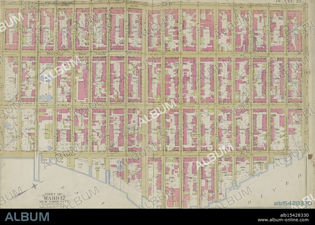 Plate 33 Map bounded by 3rd Ave., E. 125th St., East River, E. 108th St., 1891, G.W. Bromley & Co., Manhattan (New York, N.Y.), Real property, New York (State), New York, City streets unfold, River's edge, buildings rise, History remains.