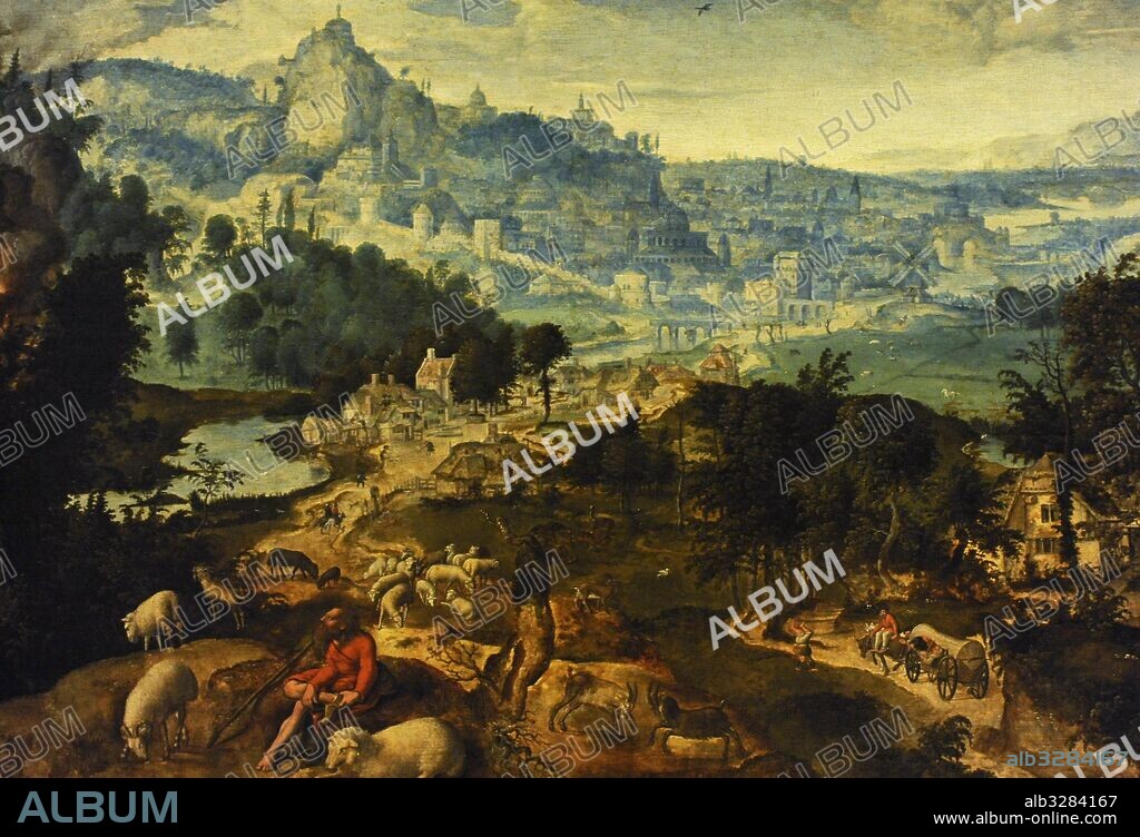 Paisaje con Moisés ante la zarza ardiente, hacia 1531. Oleo de Henry met de Bles llamado Il Civetta (1510-1550). Colección Farnese. Museo de Capodimonte. Nápoles. Italia.