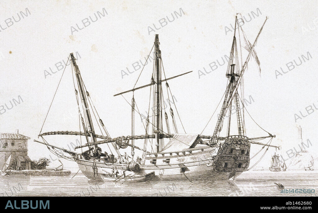 Merchant ship. 18th century. Engraving.
