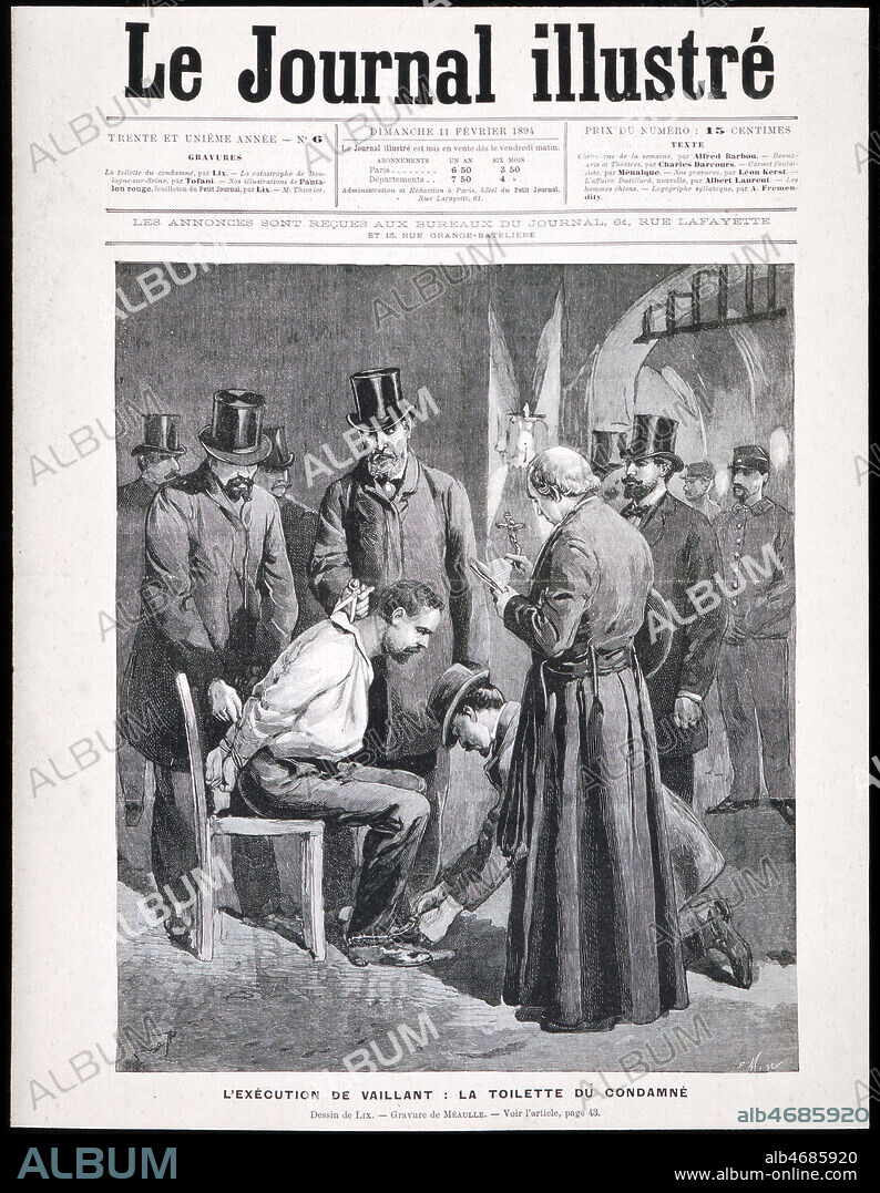 'L'execution d'Auguste VAILLANT (1861-1894) : la toilette du condamne. Gravure en couverture du Journal illustre du 11/02/1894 . Credit: Collection KHARBINE-TAPABOR.