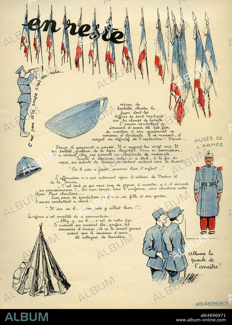 C'est pas d'la soupe c'est du rata. Caricature de 1936 par Andre GALLAND (1886-1965) pour 1914-1936 Ce qu'il en reste par Louis COMBALUZIER (19-20 s.). Edite par Les Oeuvres Francaises. Credit : Collection Jonas/Kharbine-Tapabor.