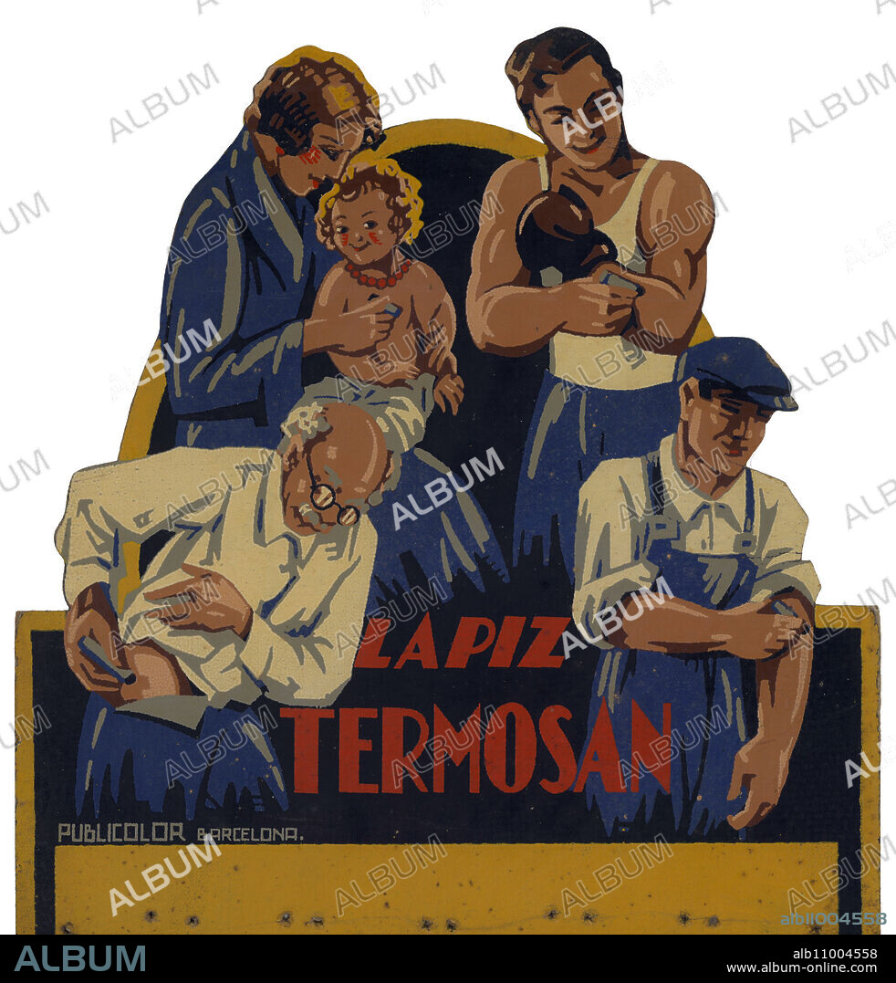 España. Cartel troquelado de publicidad de Lápiz Termosan. Años 1930.